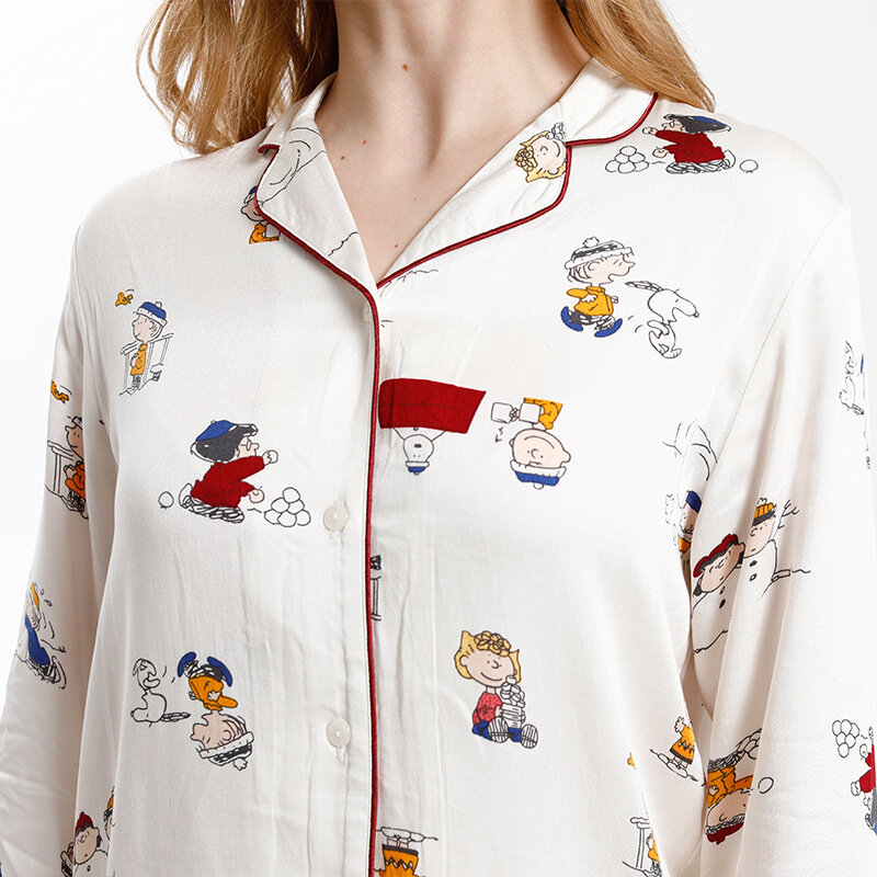 Novo bonito dos desenhos animados feminino pijamas filhote de cachorro impresso cetim sleepwear loungewear turn-down colarinho sono conjunto de manga longa roupas para casa