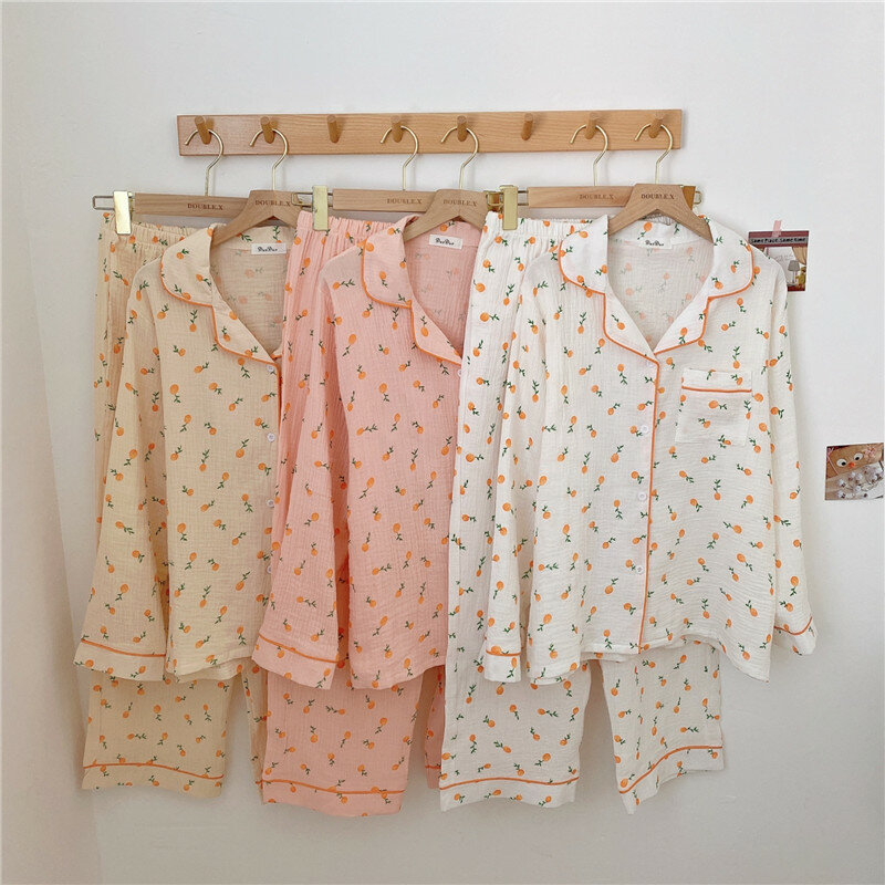 comfortable soft 100% cotton pajamas set women sleepwear home suit long sleeve top elastic waist pants pyjamas loungewear