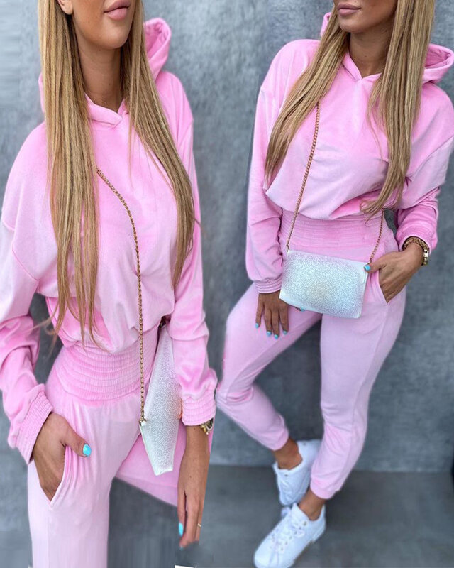 Sweater Suit Pants Suits Women's Clothing 2021 Autumn Winter New Fashion Pink Leisure Hood Sweater Set Casual Women Wear