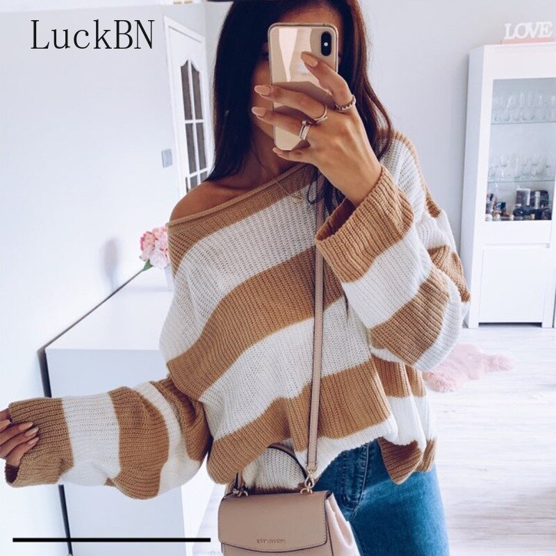 LuckBN Striped Loose Women Clothing Sweater Pullover 2019 Autumn Winter New Arrival Khaki Jumpers Knit Sweaters Women Pull Femme