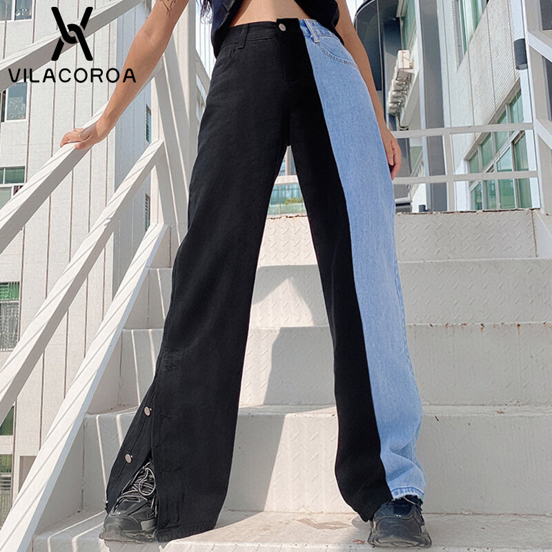Cintura alta costura hip-hop jeans feminino lado fenda botão esfregando calças de perna larga streetwear dança y2k casual jeans femininos
