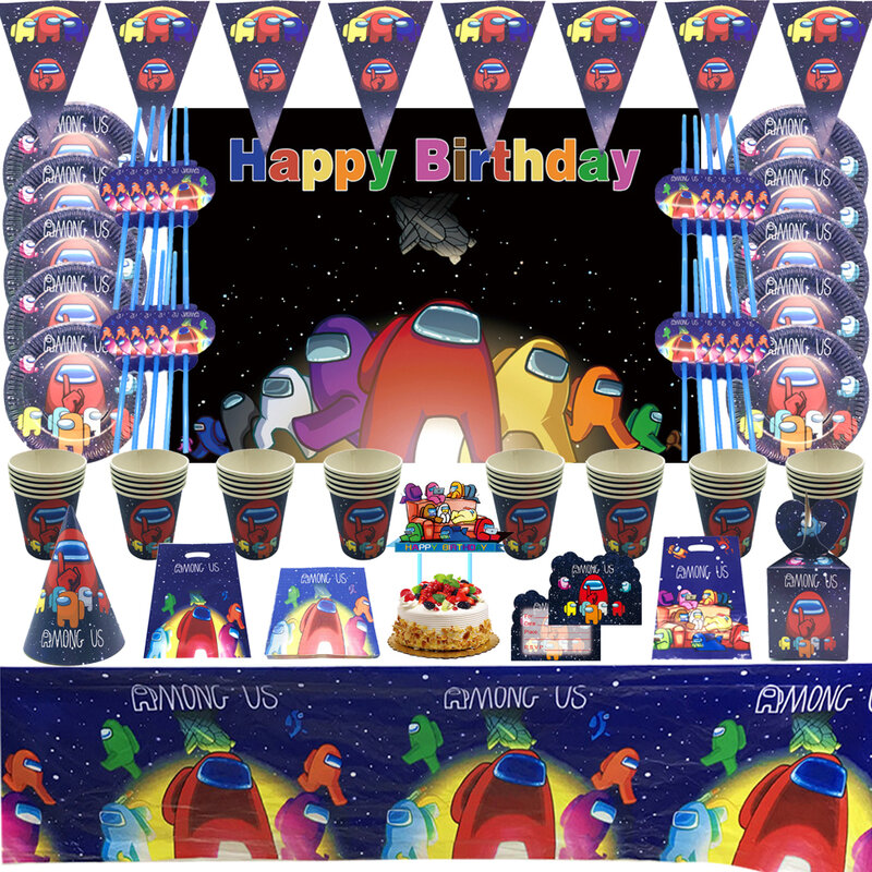 Suministros de cumpleaños de dibujos animados Among Game Us, mantel, plato de papel, taza, pancarta de paja, conjunto de decoración para fiesta, Baby Shower