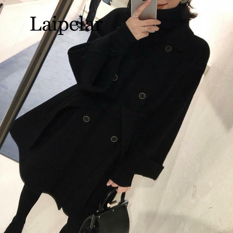 Damskie długie kurtki jesienno-zimowa jednokolorowa na co dzień z długim rękawem płaszcz guzik podwójna Breasted kobieta czarna kurtka z paskiem eleganckie ubrania