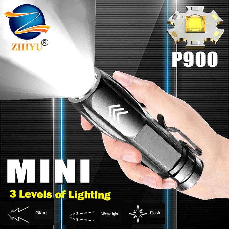 Mini linterna LED P900 recargable, portátil, táctica, 3 modos, batería integrada de 1200mAH, luz de pesca nocturna