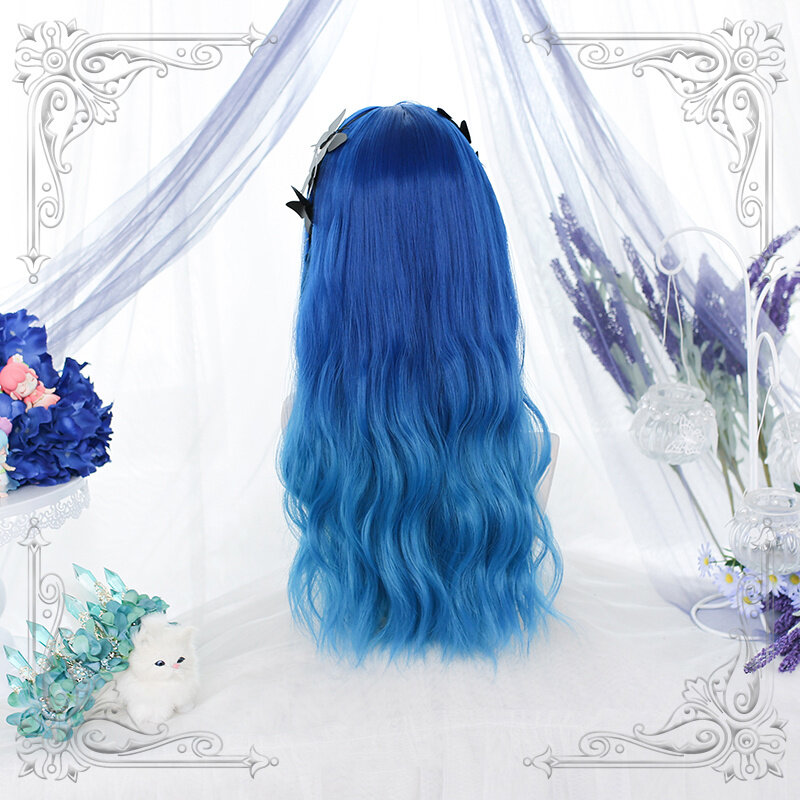 หญิงยาว Wavy Bangs วิกผมสีฟ้าหางค่อยๆเปลี่ยนสีธรรมชาติเล็กน้อย Curly Wigs Cosplay Party