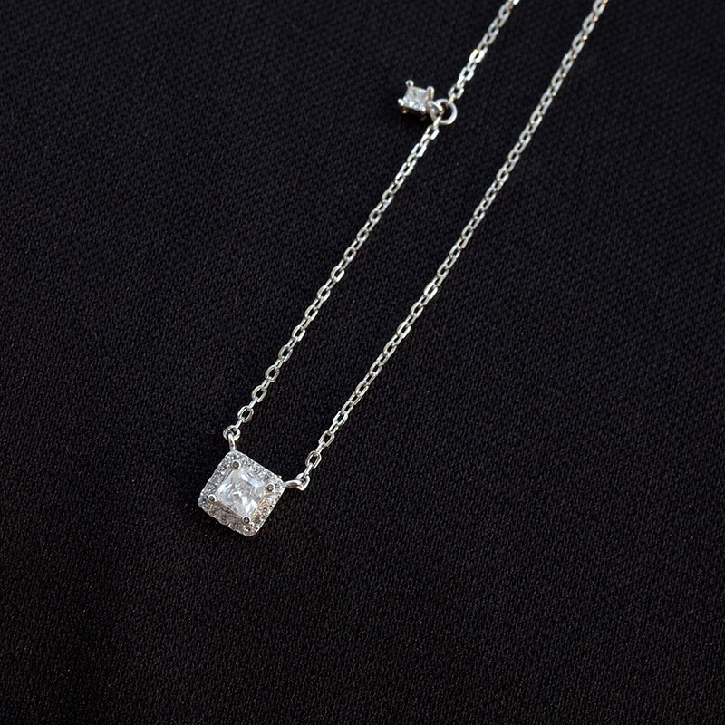 Aeteey 925 prata esterlina colar quadrado brilhante incrustado zircão pingente forma geométrica clavícula corrente presente de aniversário para meninas