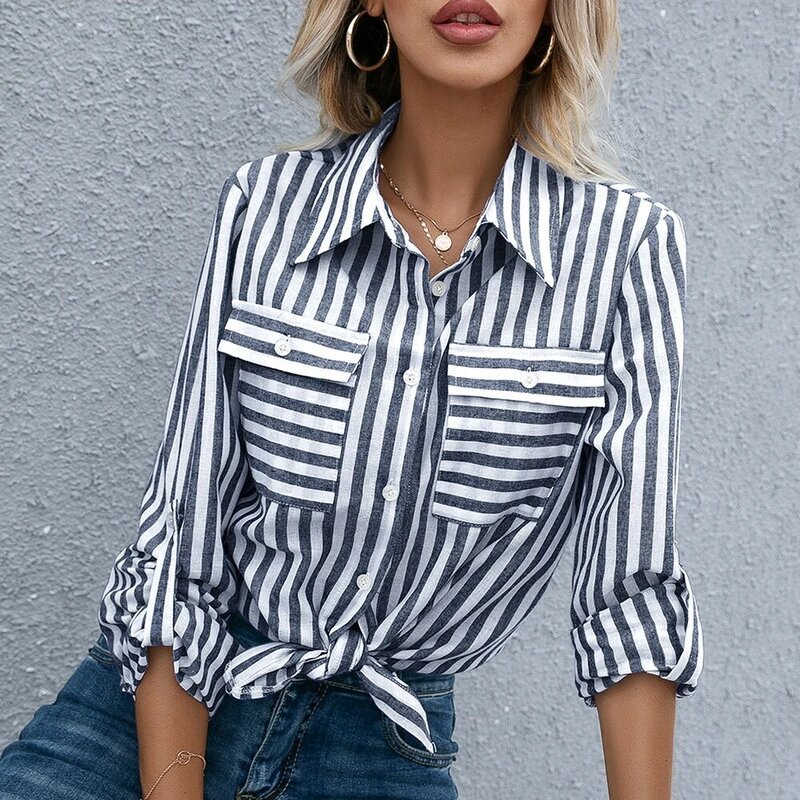 Women Casual Striped Pockets Single Breasted Straight Turn Down Collar Long Sleeve Office Lady 2021 New Fashion Chic Shirt