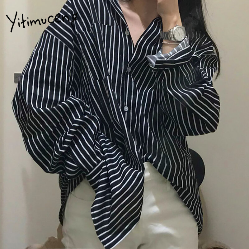 Yitimuceng casual listrado blusa mulher oversized botão acima do escritório senhora topos coreano moda manga longa camisa 2021 primavera verão