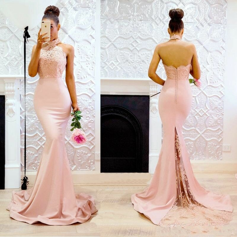 Румяна розовое платье подружки невесты русалка с лямкой на шее кружевные и атласные платья горничной Honor на пуговицах сзади платье для девушек Yong для гостей свадьбы