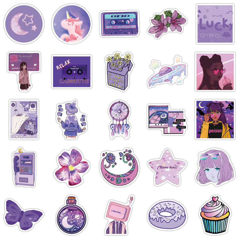 10/50Pcs Purple Style Cute Girly Graffiti Stickers Cartoon Waterproof for Laptop Suitcase Bicycle Decals Skateboard Toy Sticker