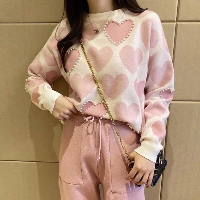Fashion Love stampato lavorato a maglia due pezzi abito da donna manica lunga maglione top e colori solidi pantaloni casual abito coreano femminile