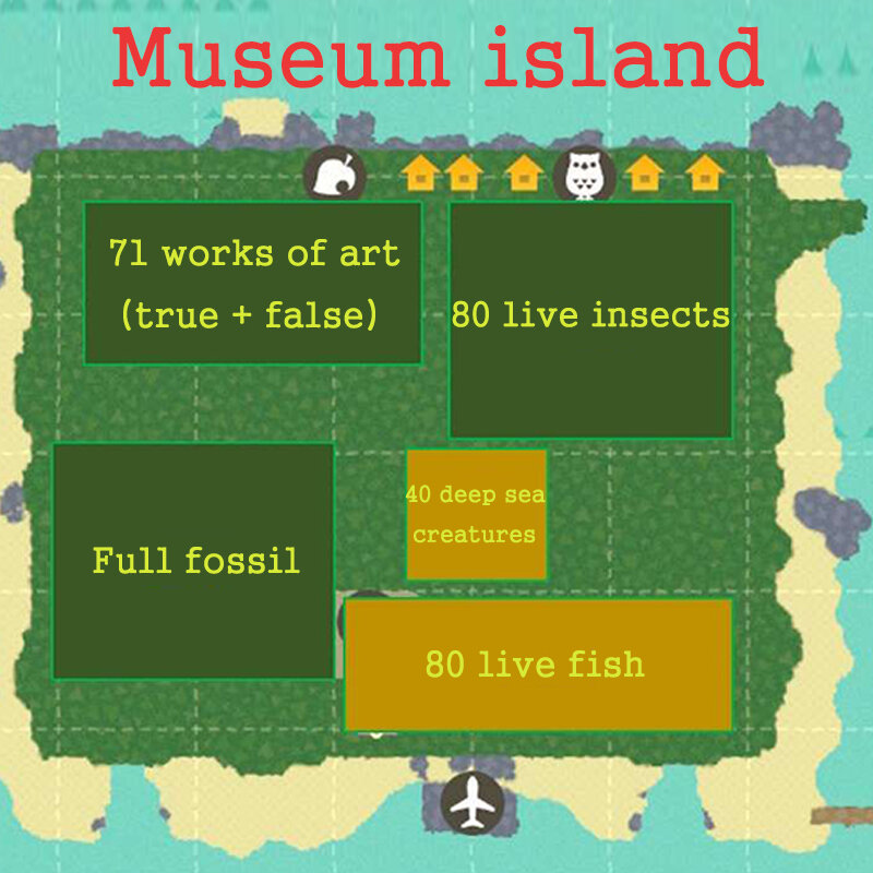 ACNH-isla creativa, Isla de Museo, obra de arte, pescado vivo, insectos vivos, fósil, muebles, Isla del Tesoro, Isla de ensueño, muebles
