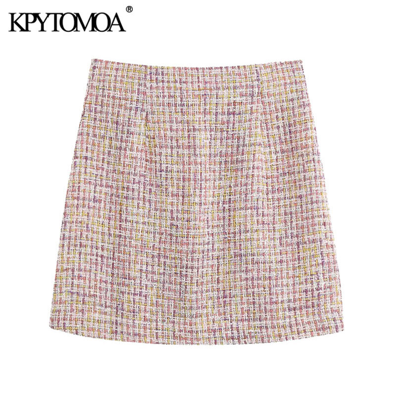 KPYTOMOA-minifalda Vintage de Tweed para Mujer falda con forro esta 