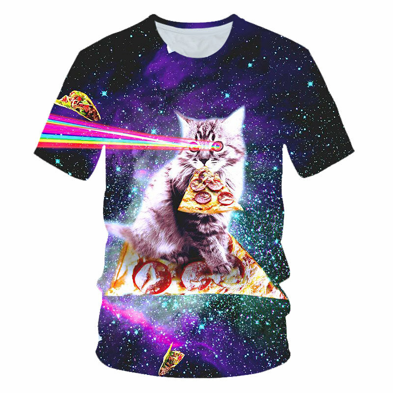 2021ใหม่ Galaxy Space 3D T เสื้อน่ารักแมวแมวกิน Taco พิซซ่าตลก Tops Tee แขนสั้นเสื้อฤดูร้อนขนาดใหญ่เสื้อ T