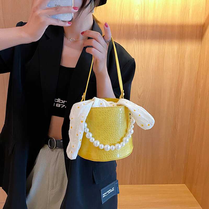 Popularna torba z aligatora dla kobiet perła zroszony wiadro torba moda projekt wstążki twarda skóra ekologiczna torba Crossbody x236h