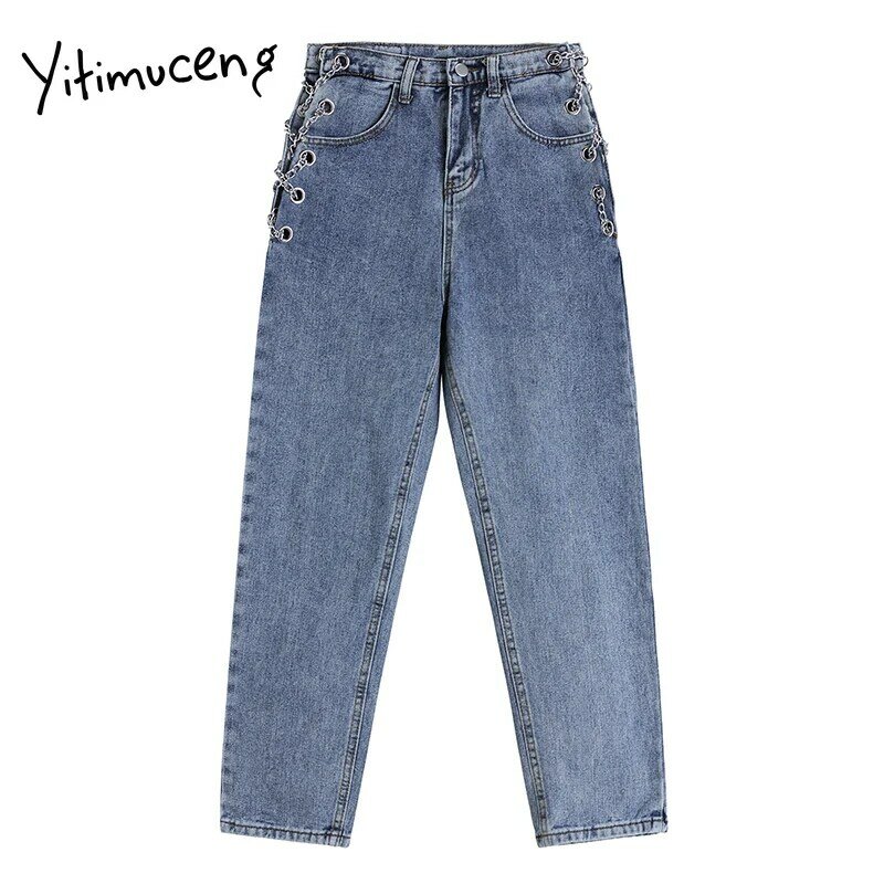 Yitimuceng Chain Women Jeans Straight Full Length Trousers Spring High Waisted Denim Comfortable Casual Clothes 2021 Fashion New