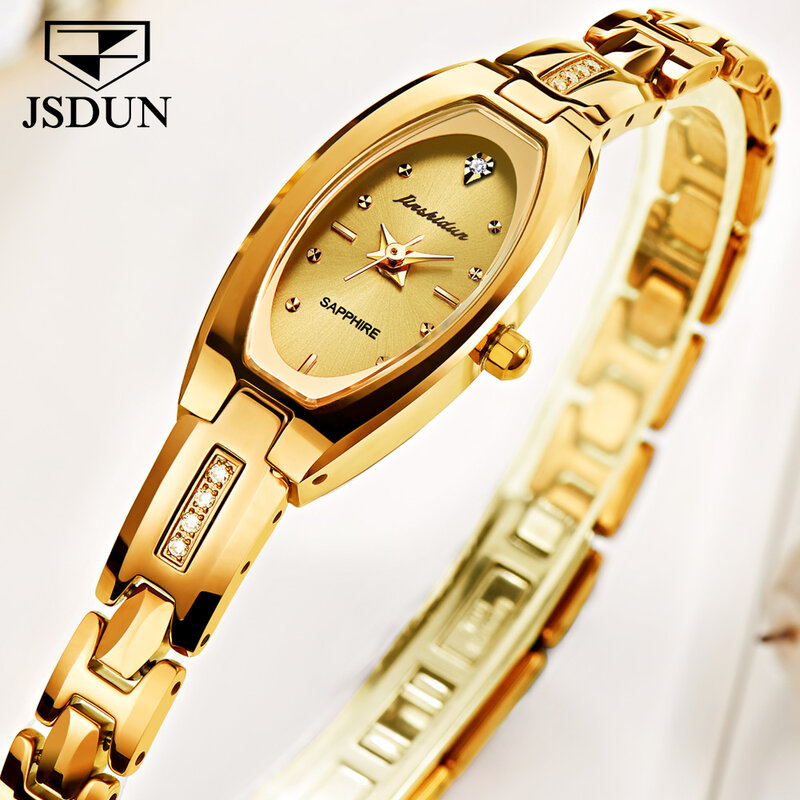 Часы наручные JSDUN женские кварцевые, брендовые Роскошные элегантные золотистые из вольфрамовой стали с сапфировым стеклом