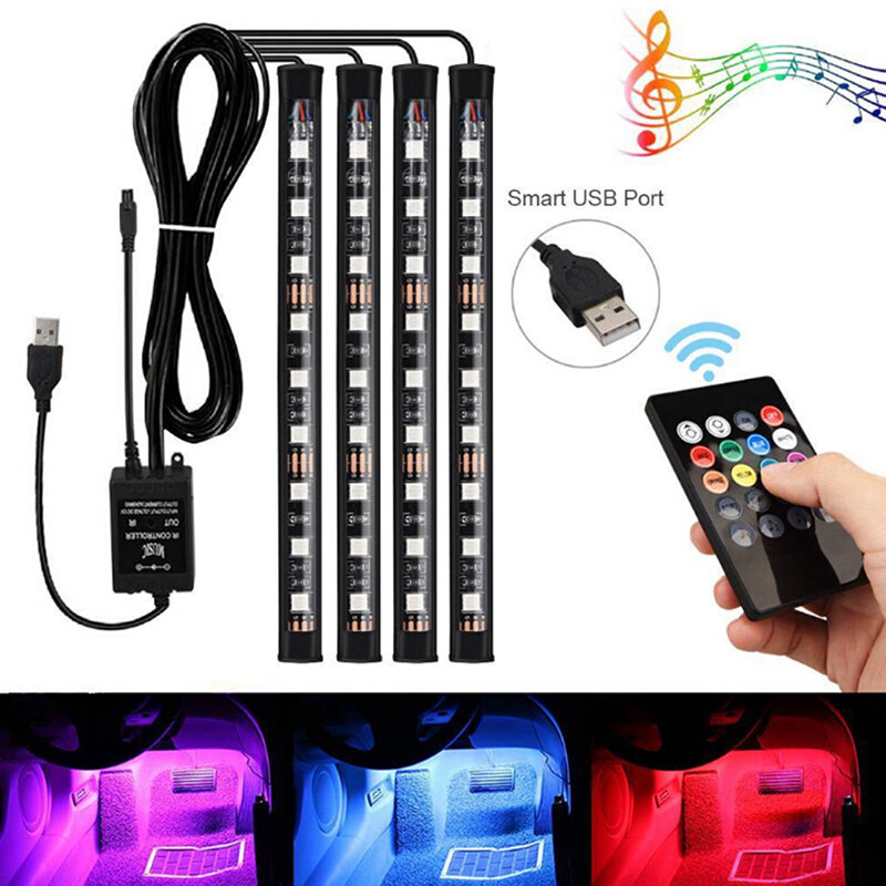 9 LED รถภายใน Footwell Strip Light USB Charger โคมไฟ RGB 4Pcs