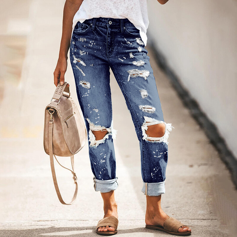 Streetwear Jeans aderenti da donna pantaloni strappati Patchwork alla moda Jeans per donna Jeans a vita media in Denim anni '90