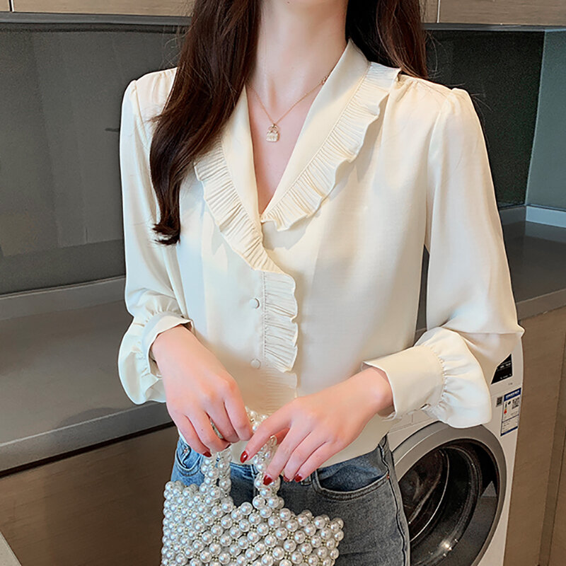 Женская шифоновая блузка с оборками, Повседневная Блузка с длинными рукавами на пуговицах, весна 2020