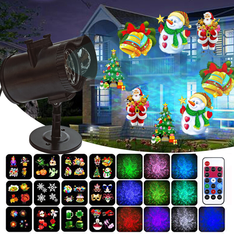 Proyector de luces de Navidad con 16 patrones, luz láser impermeable para exteriores, copos de nieve, ondas de agua, escenario, fiesta de año nuevo