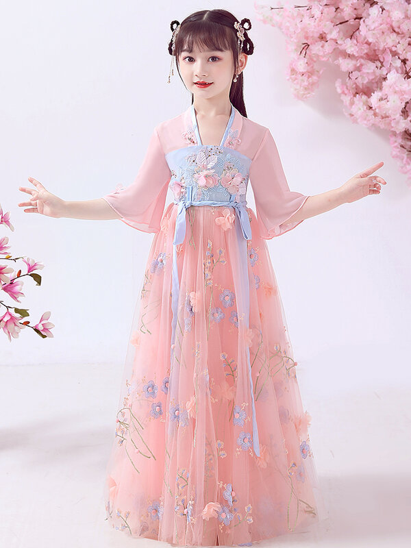 Chinese Traditional Blue Hanfu Kids Enfant Cosplay Clothing Children Classical Tang Dynasty Costume Dance Dress for Girls