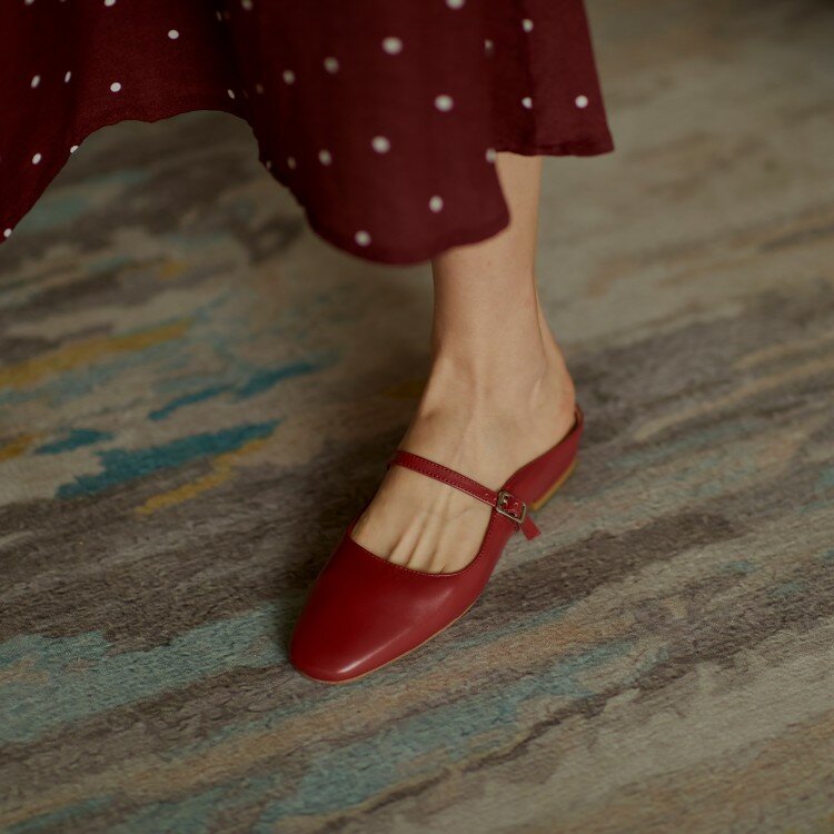 Kmeioo 2020 ريترو جلد طبيعي حذاء مسطح امرأة ساحة تو البغل الصنادل الصيف الأساسية البغال الانزلاق على الشرائح البقر البغل