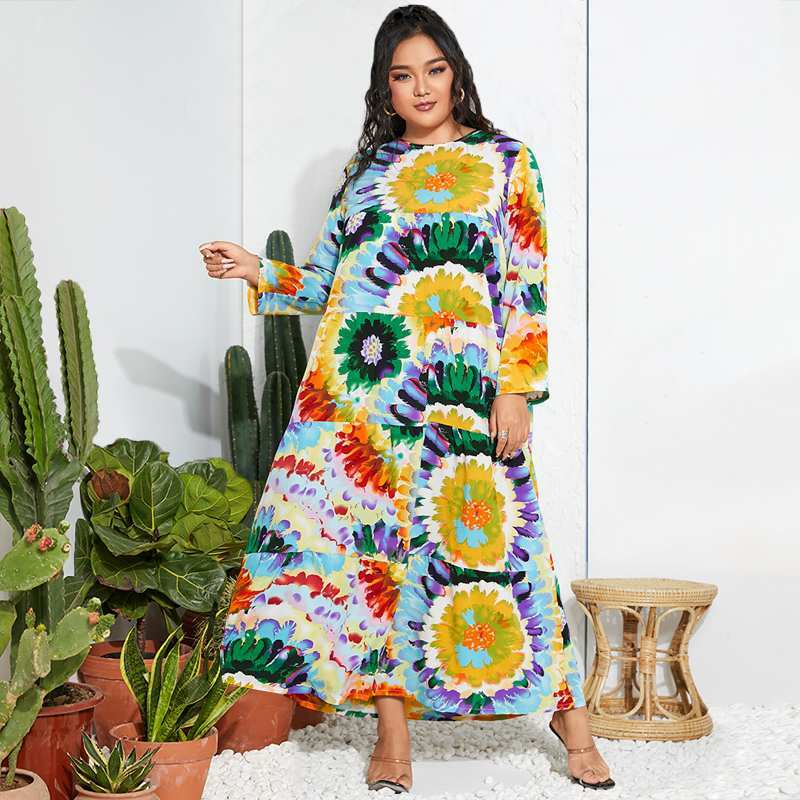 فستان طويل للسيدات مطبوع عليه زهور للخريف بتصميم بوهيمي مناسب لقضاء العطلات من ZANZEA مقاس كبير بأكمام طويلة وكشكشة فضفاضة