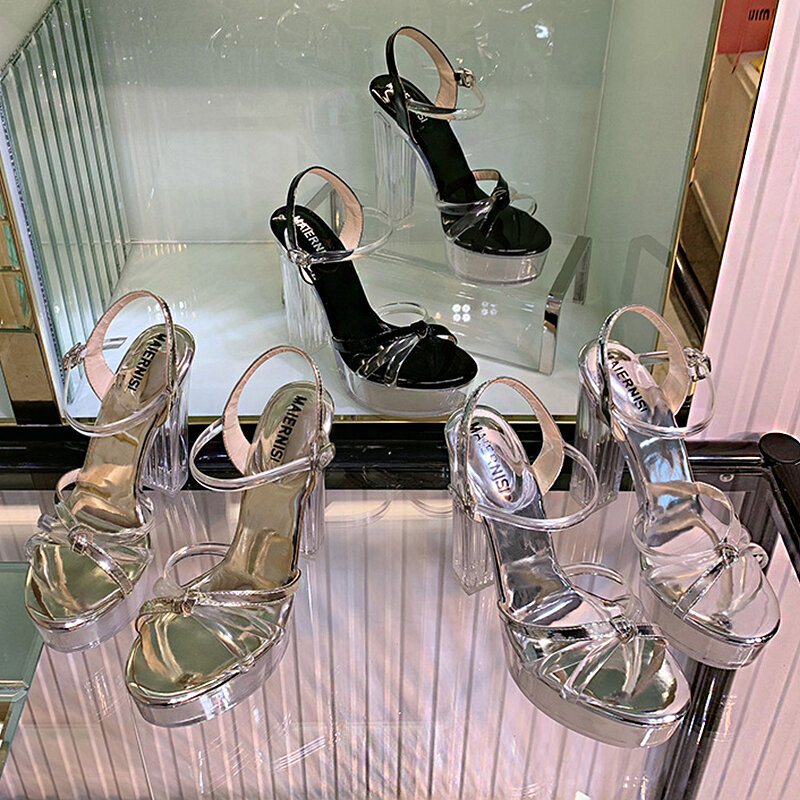 Женские босоножки на высоком каблуке, модные туфли с открытым носком и прозрачной платформой, Роскошные туфли на высоком каблуке с кристалл...