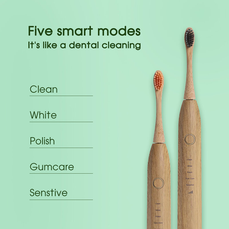 [Boi] IPX7 Bamboo Wood Material With 3  Brush Heads Natural Environmental Friendly Teeth Clean Aldult Sonic Electric Toothbrush