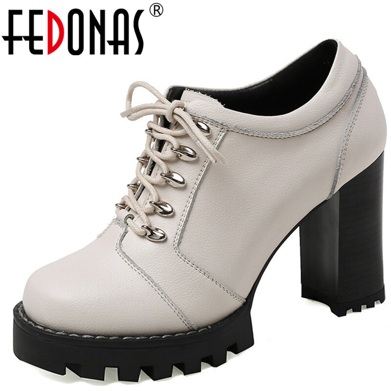Fedonas bombas femininas rendas até sapatos de couro de vaca salto alto 2020 moda design da marca de alta qualidade sapatos básicos verão mulher