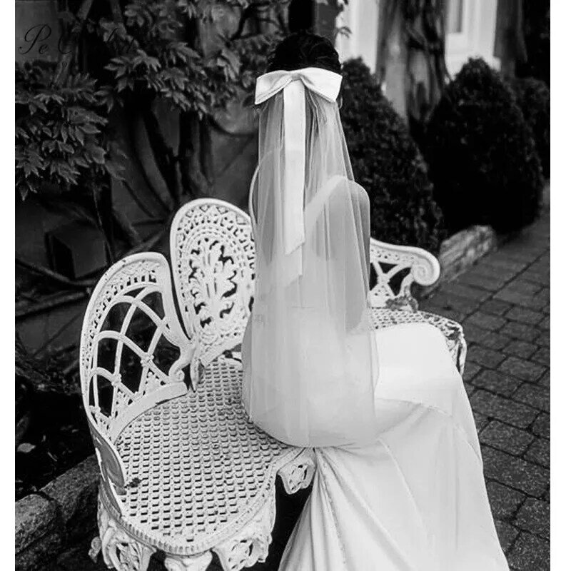 PEORCHID-velos de novia cortos con lazo de dos capas, accesorios para el cabello de boda, velo negro/Marfil/blanco con peine, 90CM