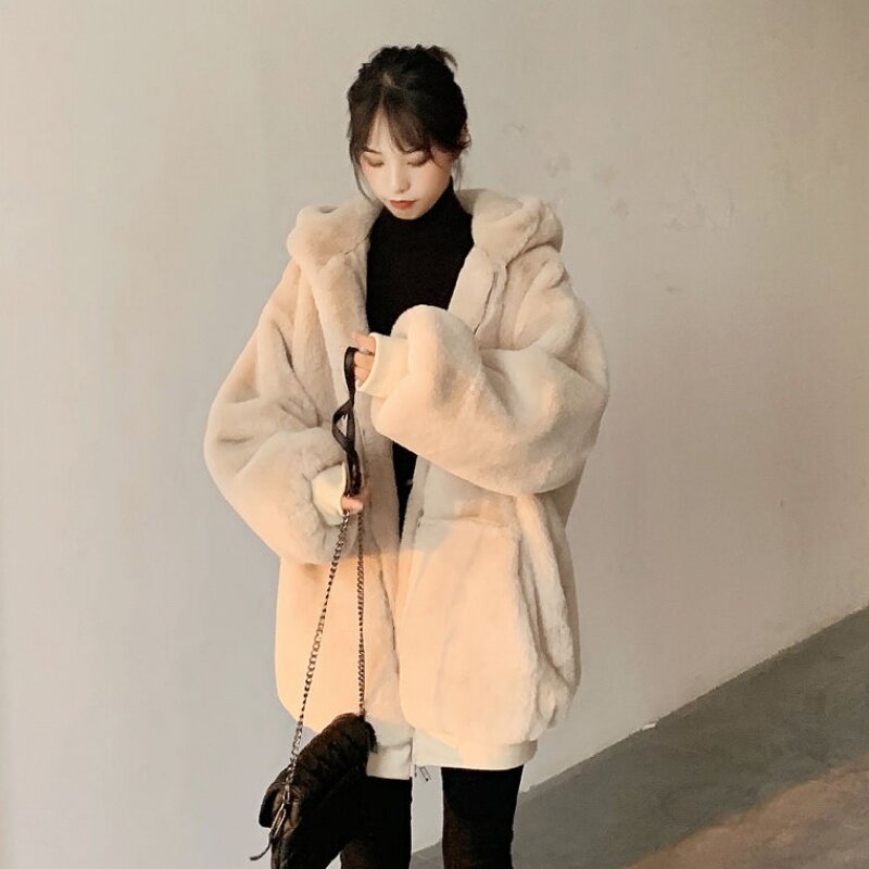 2020 inverno moda feminina coreana casaco de comprimento médio de pelúcia quente solto grosso com capuz manga comprida cardigan casual camisola feminina