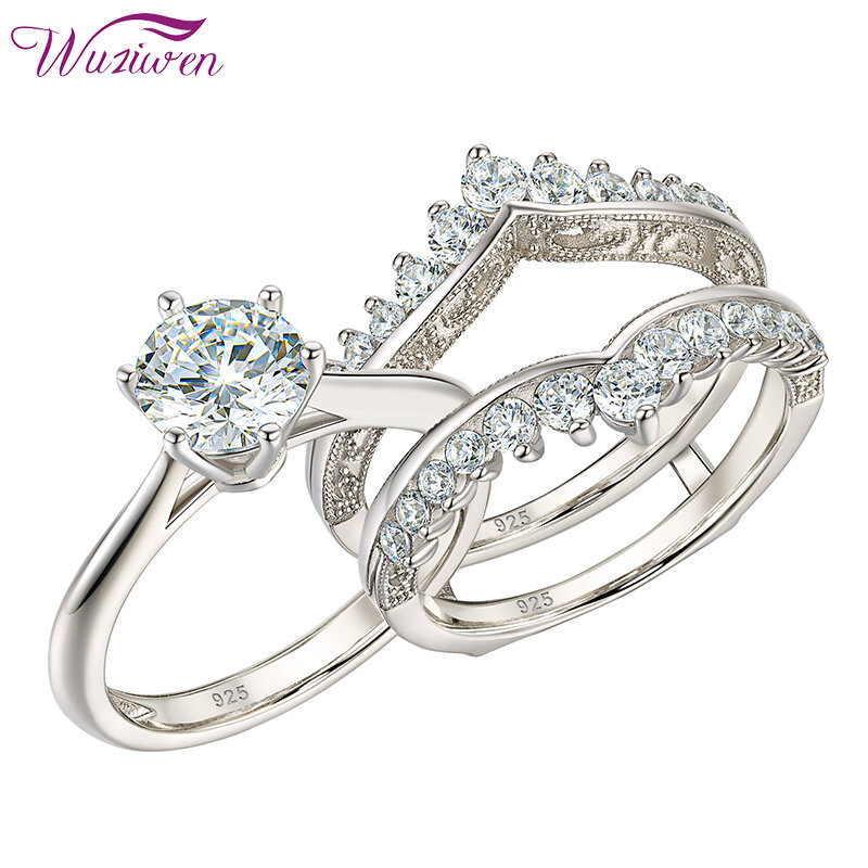 Wuziwen luxo 925 prata esterlina solitaire casamento noivado anéis conjunto para mulheres aaaaa alta qualidade cz guarda banda jóias