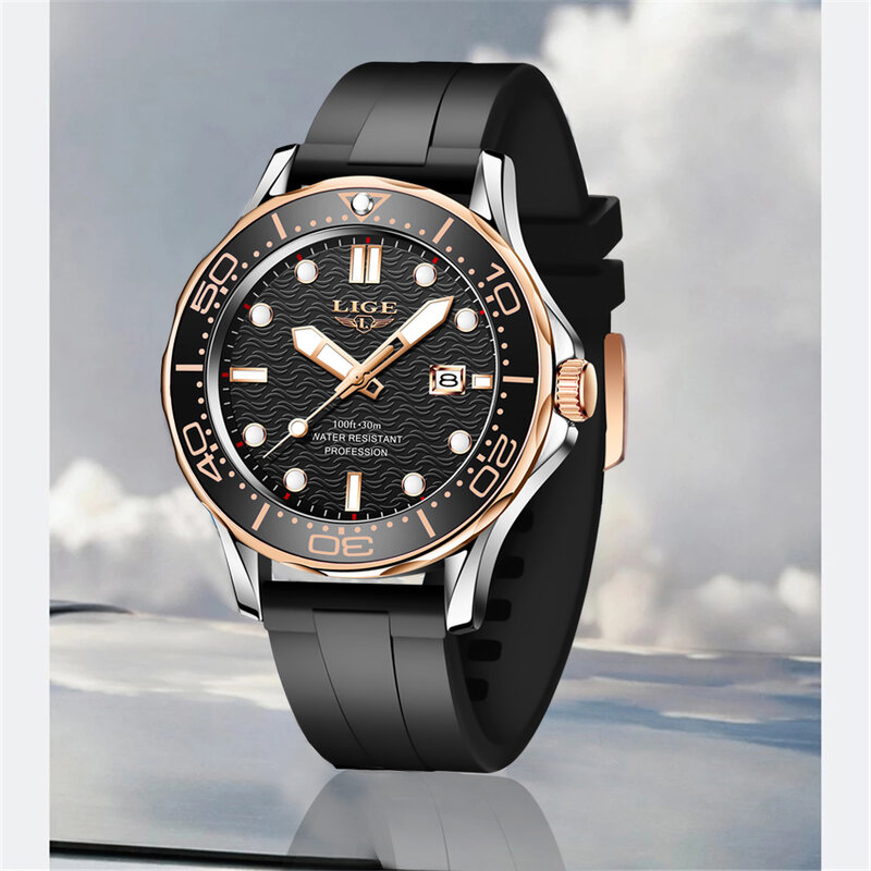LIGE-탑 브랜드 럭셔리 스포츠 쿼츠 손목 시계 남성용, 실리콘 스트랩 방수 시계 2021