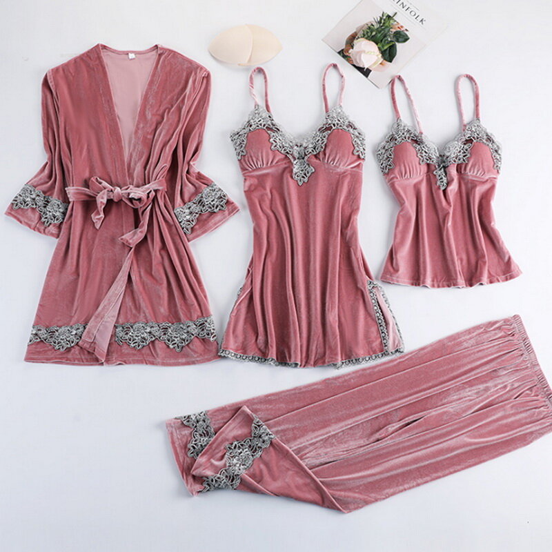 Женская бархатная Пижама, пикантная кружевная Пижама, комплект из 4 предметов, зимняя теплая ночная рубашка, женская ночная одежда