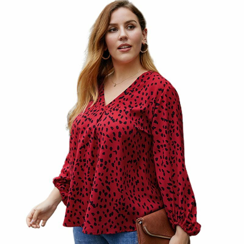 2021 Women Lantern Sleeve Leopard Dot Loose Shirt Sexy V-Neck Flowy Tunic Tops 4XL