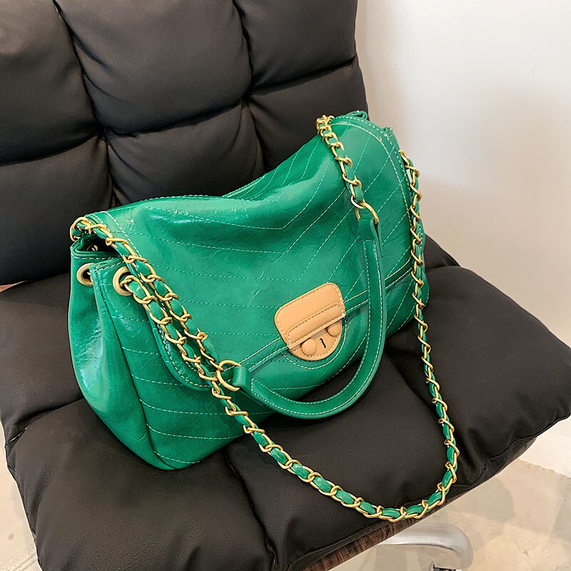 女性用グリーンチェーン付きレザーハンドバッグ,高品質の高級デザイナーバッグ,ショルダーバッグ,フラップバッグ