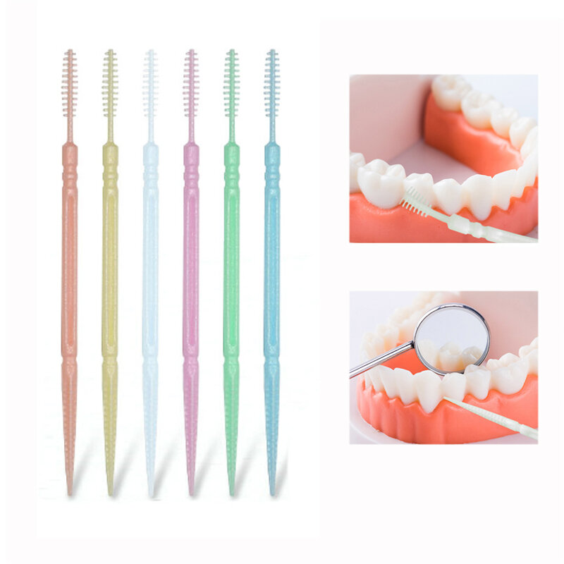 100 Uds de doble cabeza palillo de plástico cepillo Interdental hilo Dental desechable dientes Dental limpio de higiene Oral, herramientas para el cuidado de