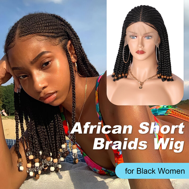 Olymei-Peluca de cabello sintético para mujeres negras, cabellera de encaje frontal trenzado con cuentas, 13x9, encaje suizo de 14 ", trenzas de aciano con pelo de bebé