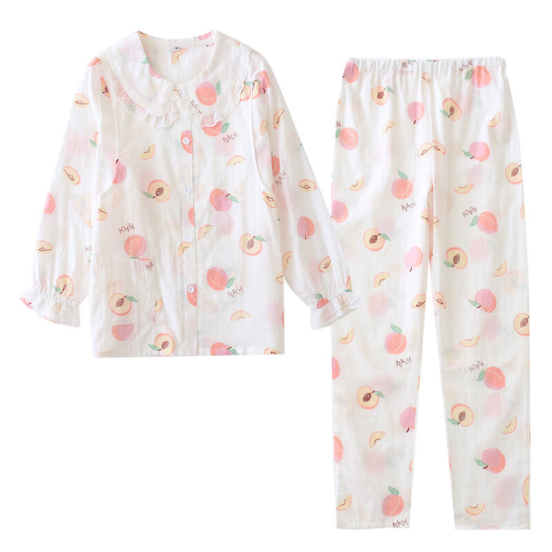 Novo algodão maternidade primavera e verão serviço de casa das mulheres grávidas solto algodão gaze confinamento ternos bonito pêssego pijamas