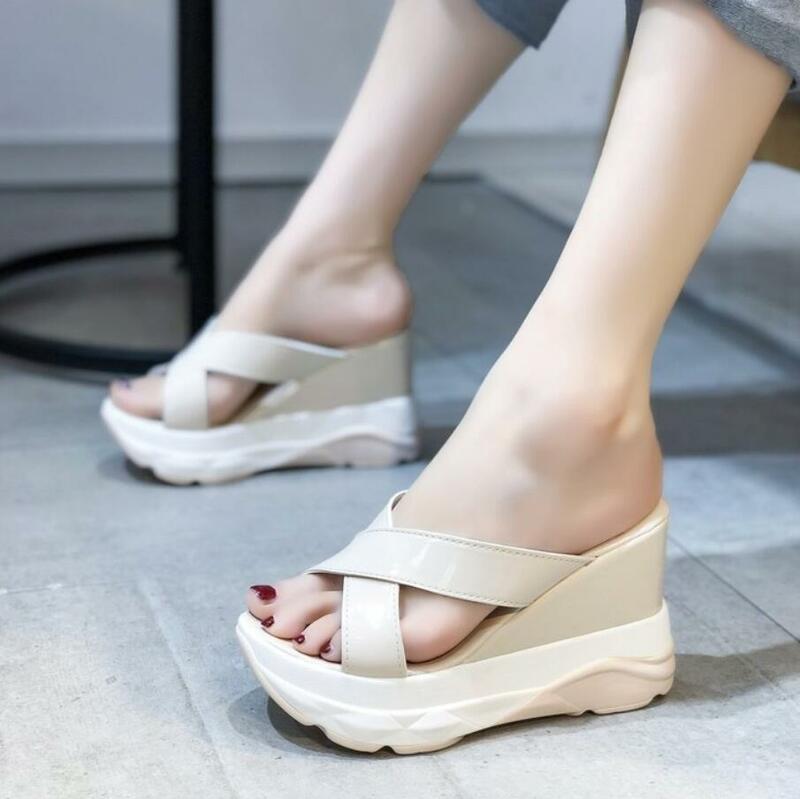 Mulher sandálias plataforma moda femme chinelos verão saltos altos 10cm cunhas de mulas flip flops feminino sapatos de férias senhoras slides