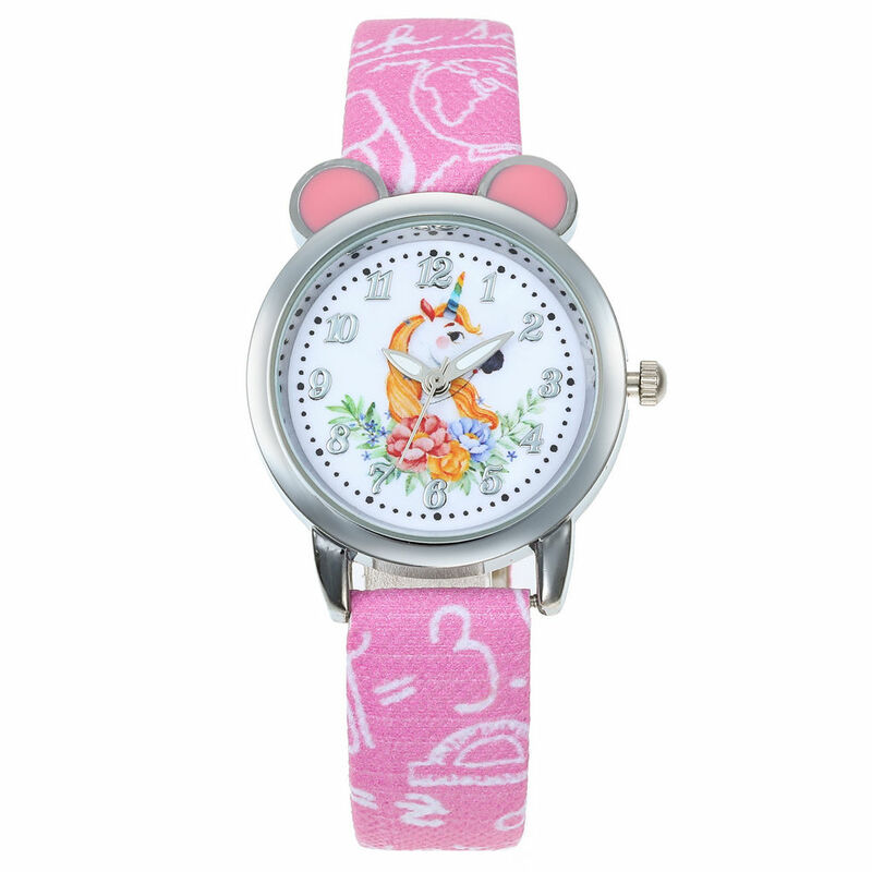 Relógio infantil de quartzo, relógio de pulso com pulseira de couro de unicórnio, relógio clássico de quartzo para meninos e meninas