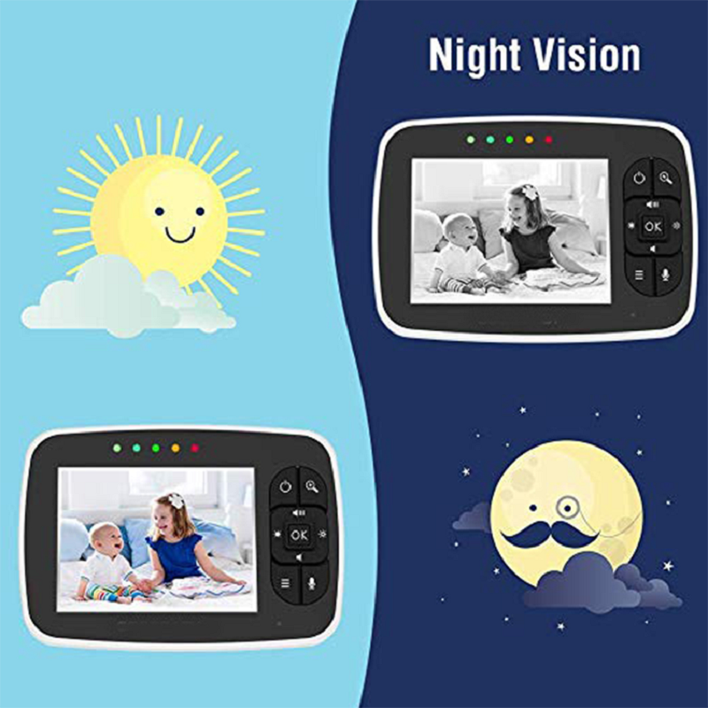 Monitor de vídeo de 3,5 pulgadas para bebé, cámara inteligente portátil HD inalámbrica con visión nocturna infrarroja, Monitor de vídeo con inclinación panorámica remota y zoom