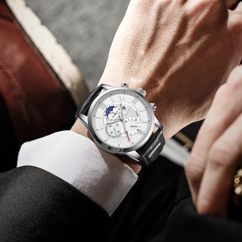 2021 LIGE zegarki męskie Top marka ekskluzywny zegarek Casual Leathe 24 godzin faza księżyca mężczyźni oglądać Sport wodoodporny kwarcowy z chronografem + Box