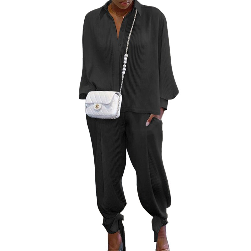 Hirigin-Conjunto de dos piezas para Mujer, Tops, pantalones, chándales, traje liso informal, camisa de manga larga con cuello en V, pantalones largos holgados, Ropa para Mujer 2020
