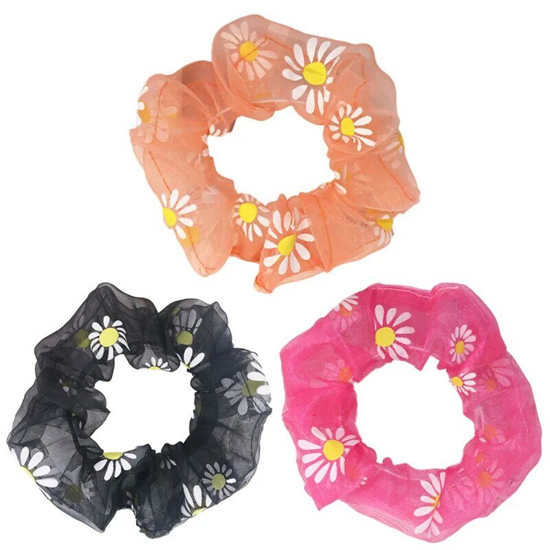 Scrunchies de malla con flores bordadas para mujer, accesorios románticos para el cabello de Organza de tul rosa y azul transparente