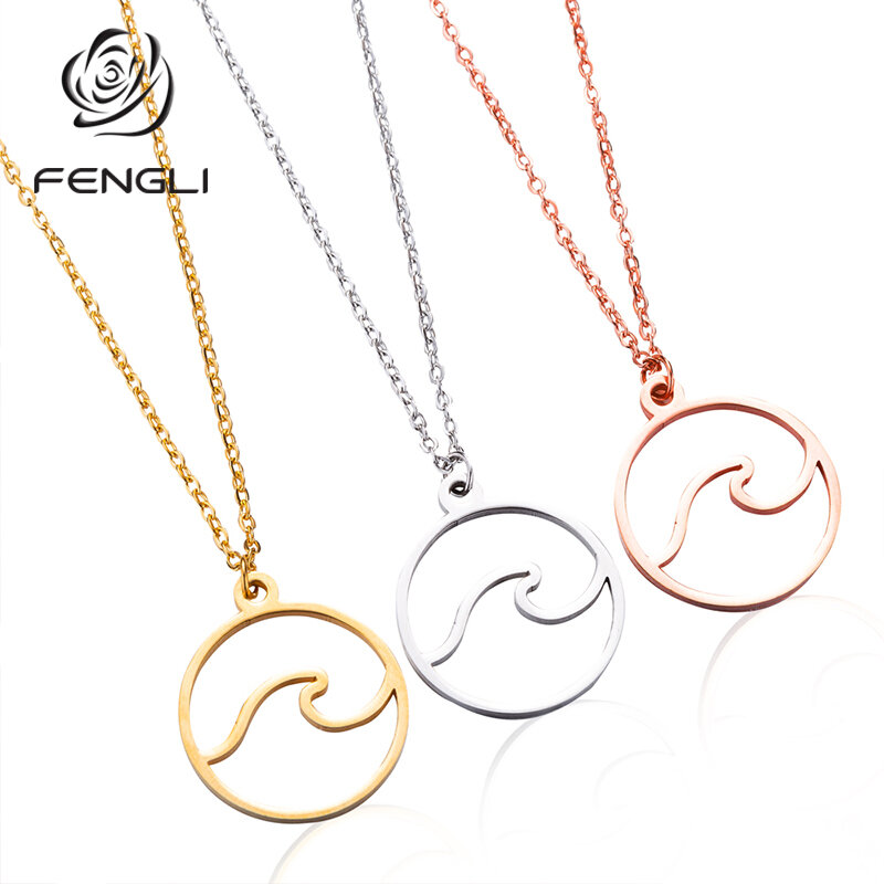 Fengli oco onda redonda colar de aço inoxidável delicado longo corrente pingentes artesanal água à beira-mar colares gargantilha