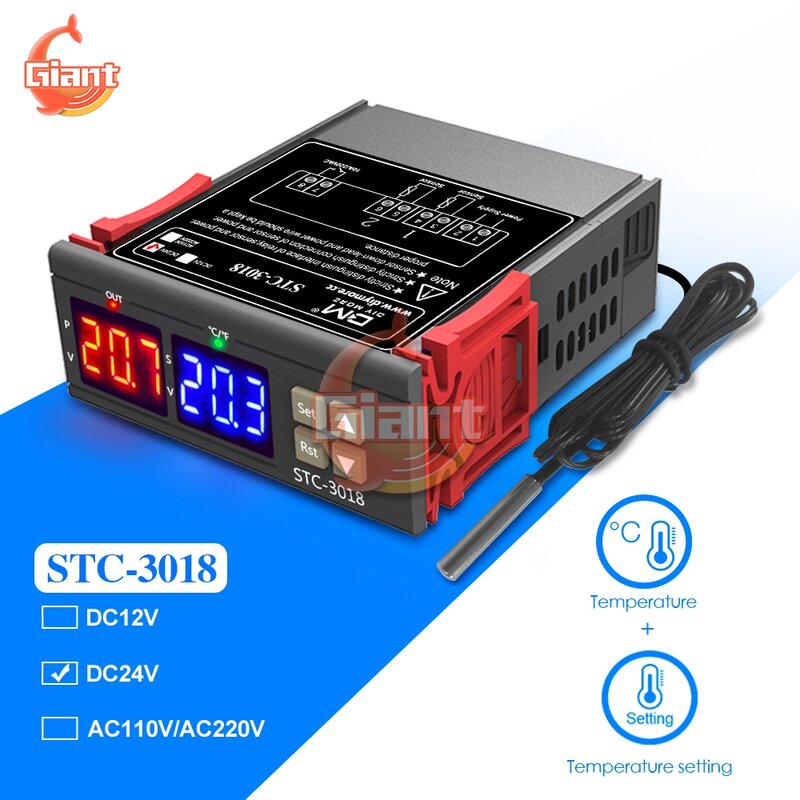 STC-3018 dc 24vデジタルサーモスタット温度コントローラ 10A ntcセンサープローブ温度調節インキュベーターのためのホーム屋外
