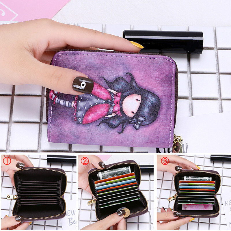 Women Card Holder Wallet PU Leather Female Card Case 9 Bits/10 Bits + 2 Big Position Zipper Card Wallet Cute Characters Card Bag